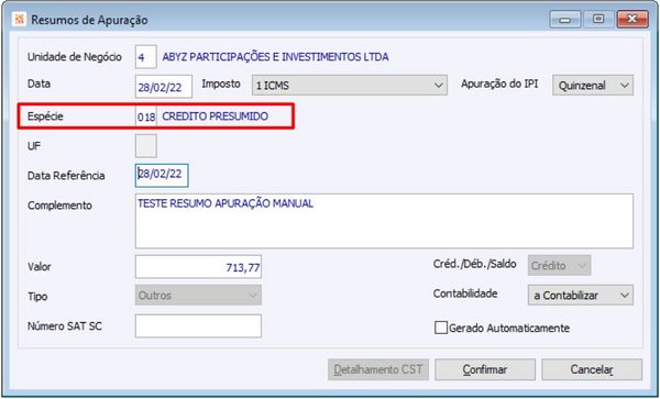 Resumo de Apuração
