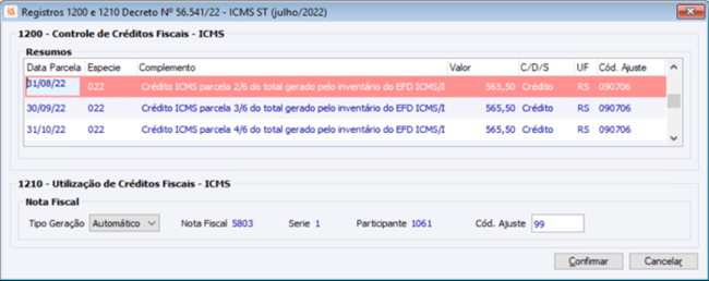 Ajusta registros 1200 e 1210