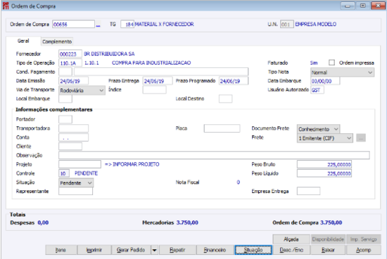 Controle da Ordem de Compra