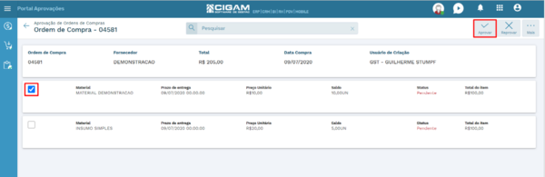Aprovando item da Ordem de Compra