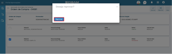 Confirmação de Reprovação da Ordem de Compra