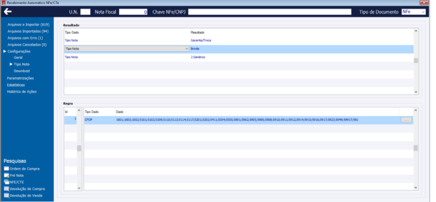 Recebimento Automático NFe /CTe - Configurações Guia Tipo Nota