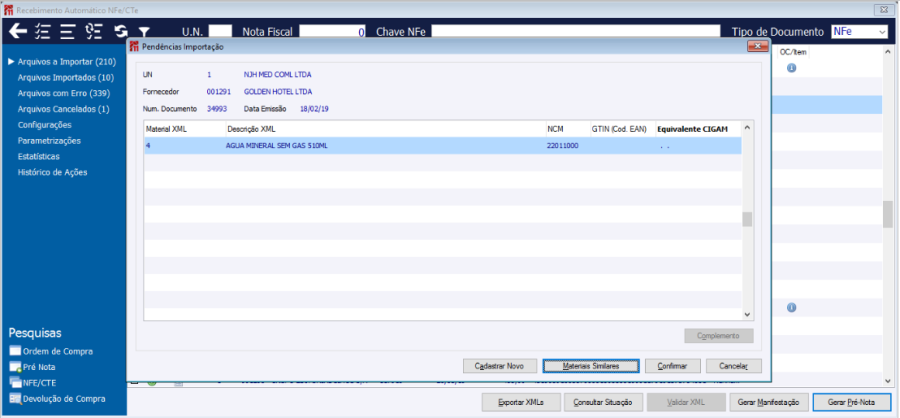 Pendências importação