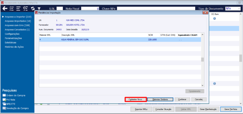 Pendências Importação - Cadastrar Novo