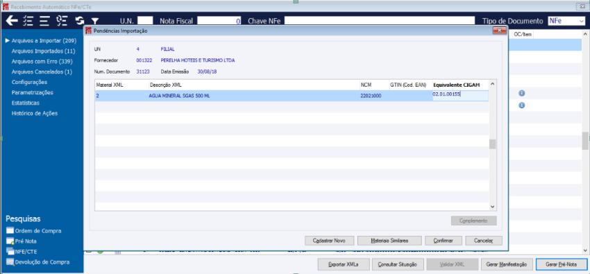 Pendências Importação - Informando novo material cadastrado