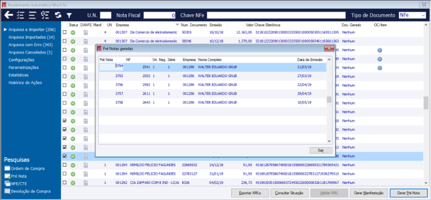 Relação de Pré notas geradas