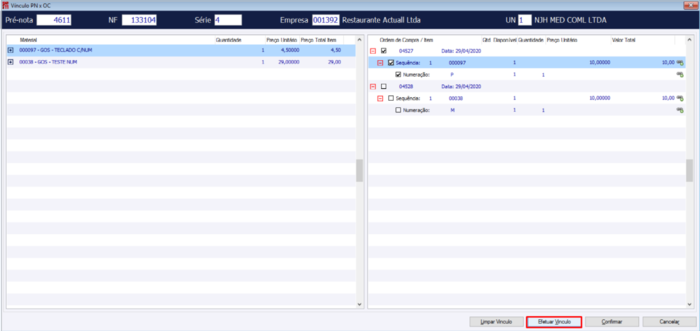 Vinculando PN a OC através do botão Efetuar Vínculo