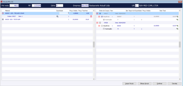 Vínculo efetuado através do botão
