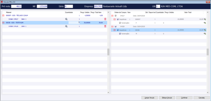 Vínculo efetuado através do ícone