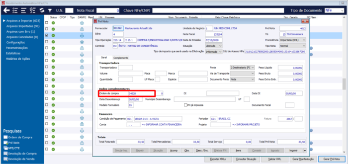 Pré-nota gerada com a OC vinculada