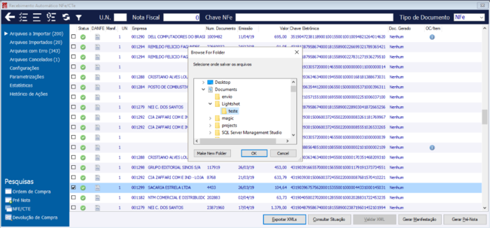 Exportar XML CTe - selecionando local para salvar arquivo