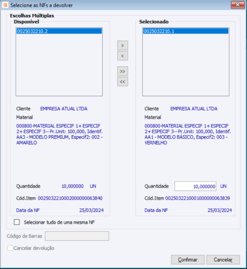 Seleção notas a devolver