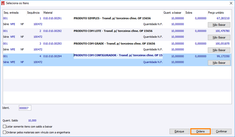 Tela de seleciona itens buscar ordens