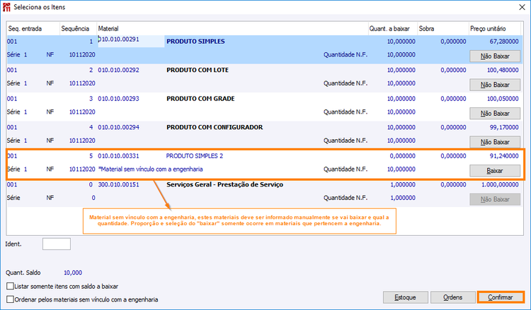 Tela de seleciona itens