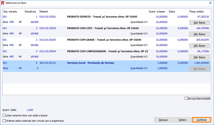 Tela de seleciona itens