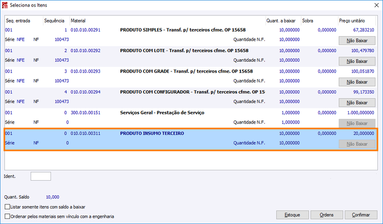 Tela de seleciona itens