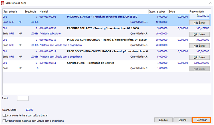 Tela de seleciona itens