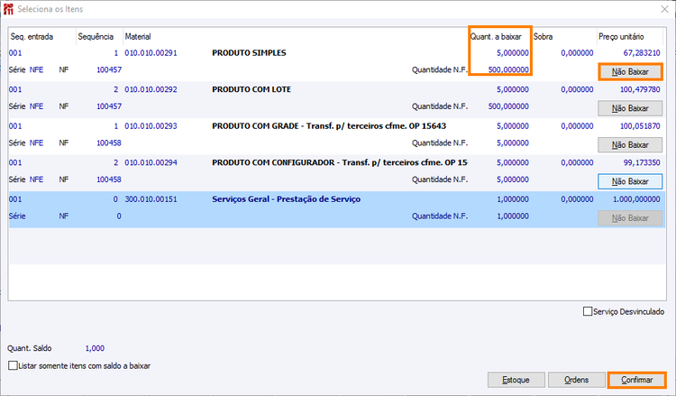 Tela de seleciona itens