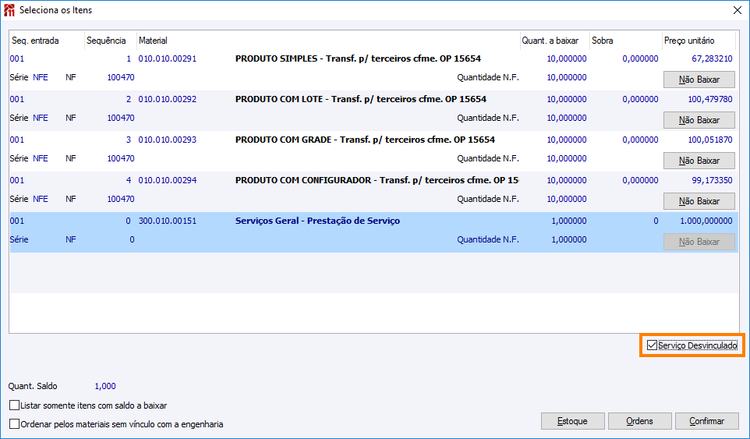 Tela de seleciona itens
