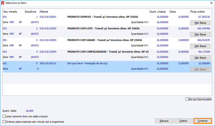 Tela de seleciona itens