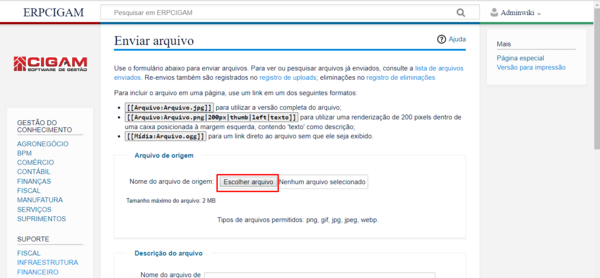 selecione o arquivo desejado para carregar na wiki