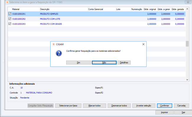 Selecione os itens a gerar Requisição da OP:2736