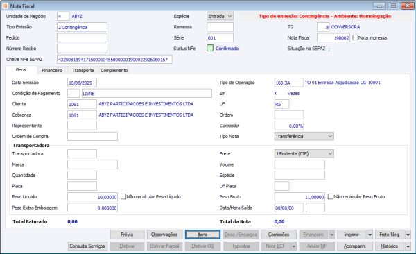 Nota Fiscal de Entrada de Adjudicação
