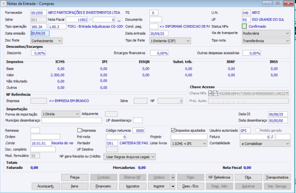 Nota Fiscal de Entrada de Adjudicação