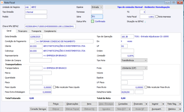 Nota Fiscal de Entrada de Adjudicação