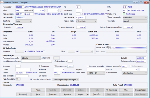 Nota Fiscal de Entrada