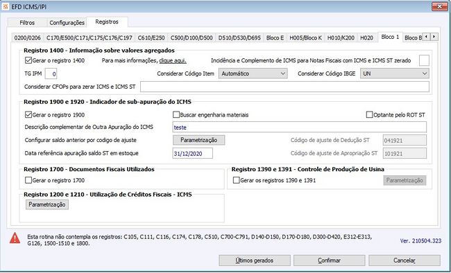 Informações - Registro 1400