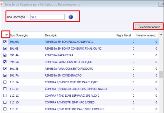 Tipo de Operação Filtro