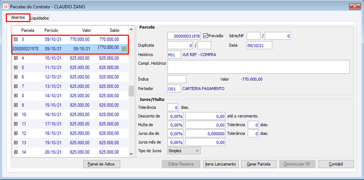 Baixa de Contratos por Cargas com Painel de Adiantamentos