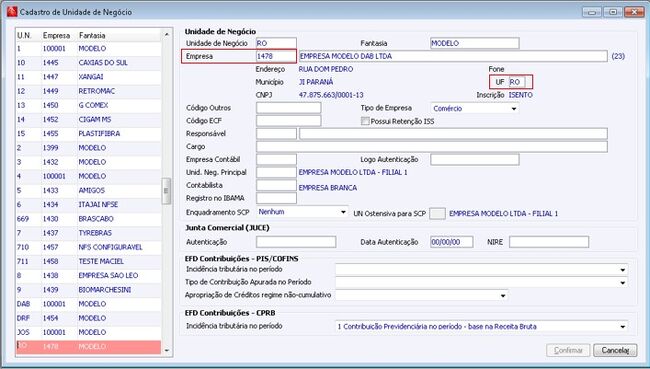 Cadastro de Unidade de Negócio