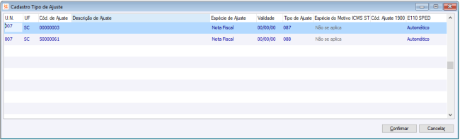 Tipo de Ajuste - Cadastro de Estados