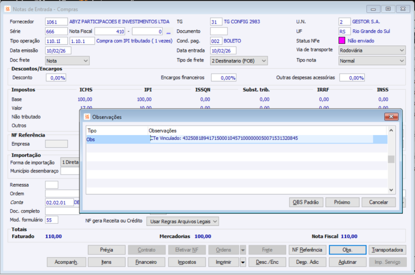 NFes Vinculadas ao CTe